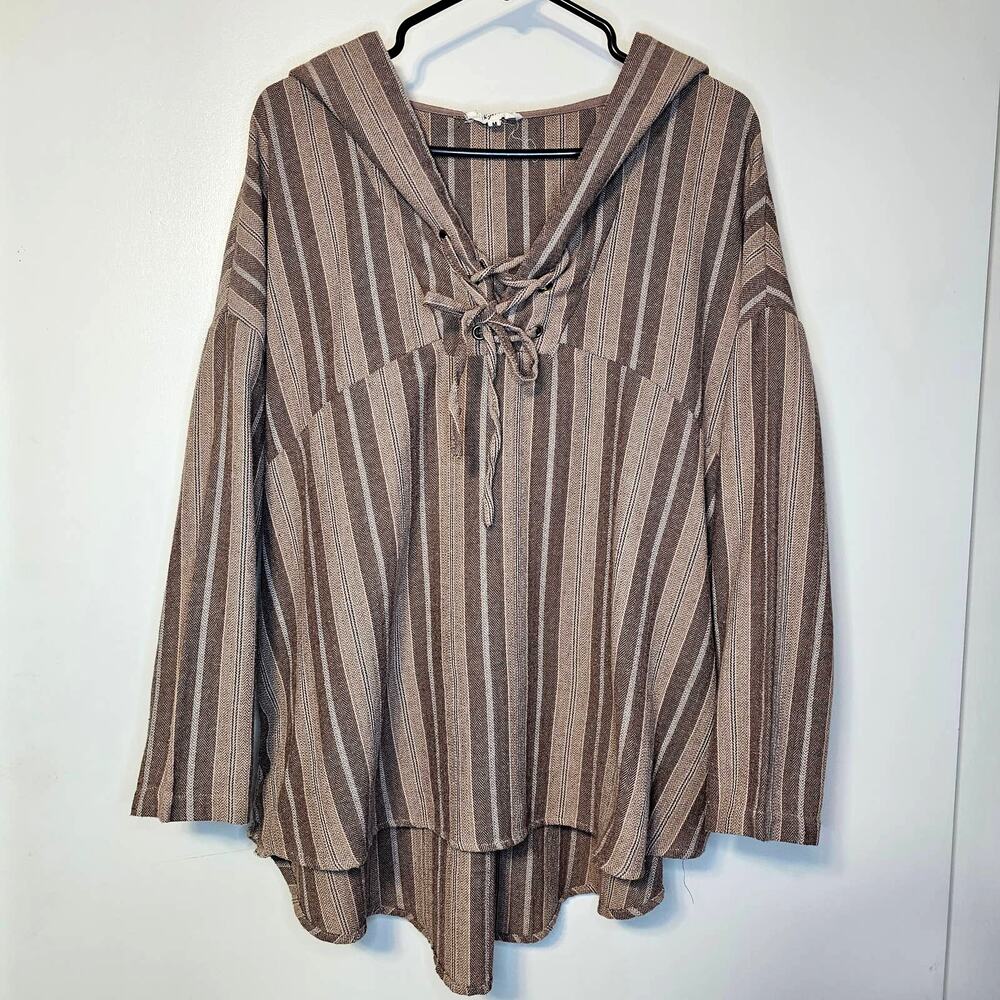 KyeMi Hippie Boho V-Neck Hoodie - Brown Striped Pullover, Women's Size M